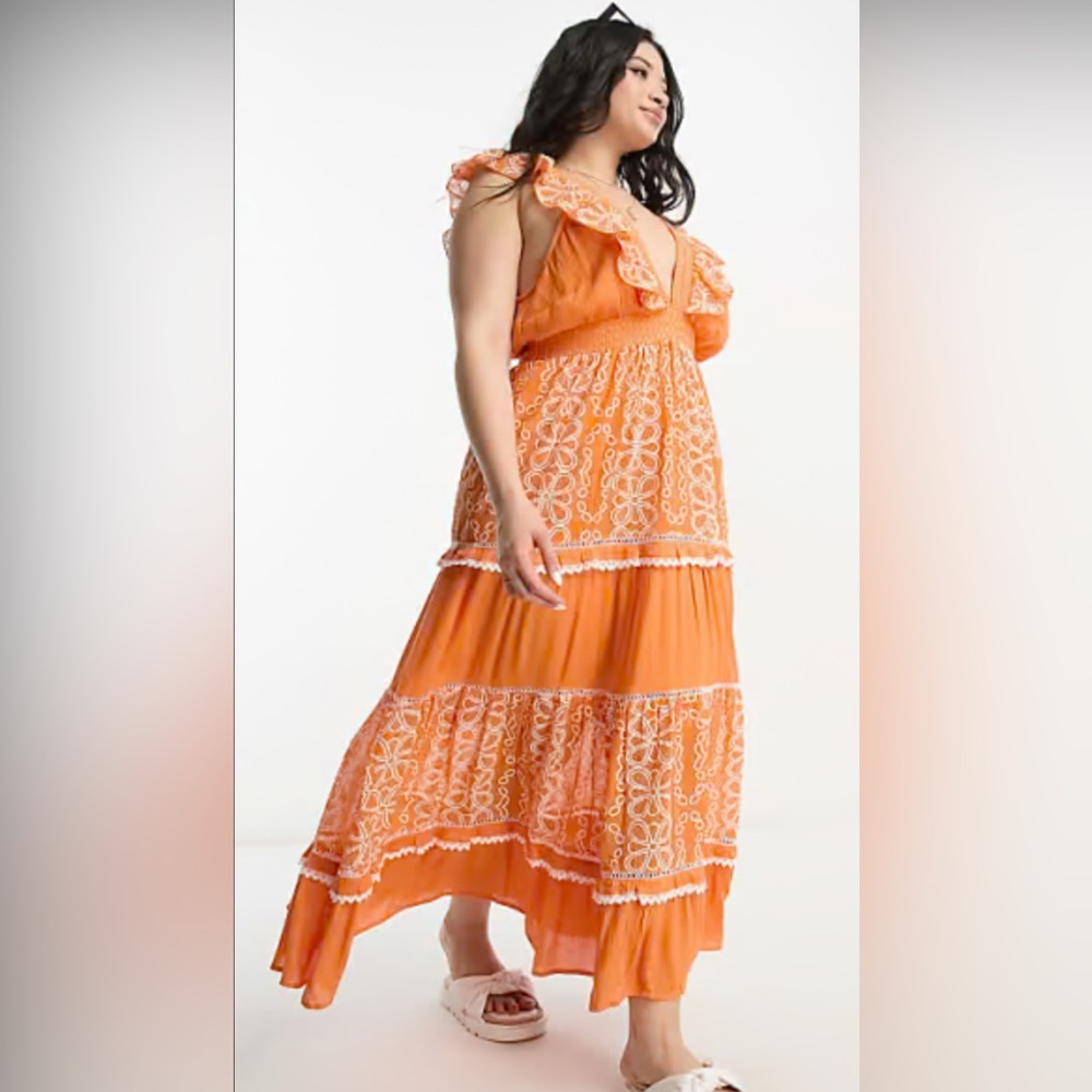 ASOS Orange Maxi Dress with White Embroidery - Picture 2 of 3